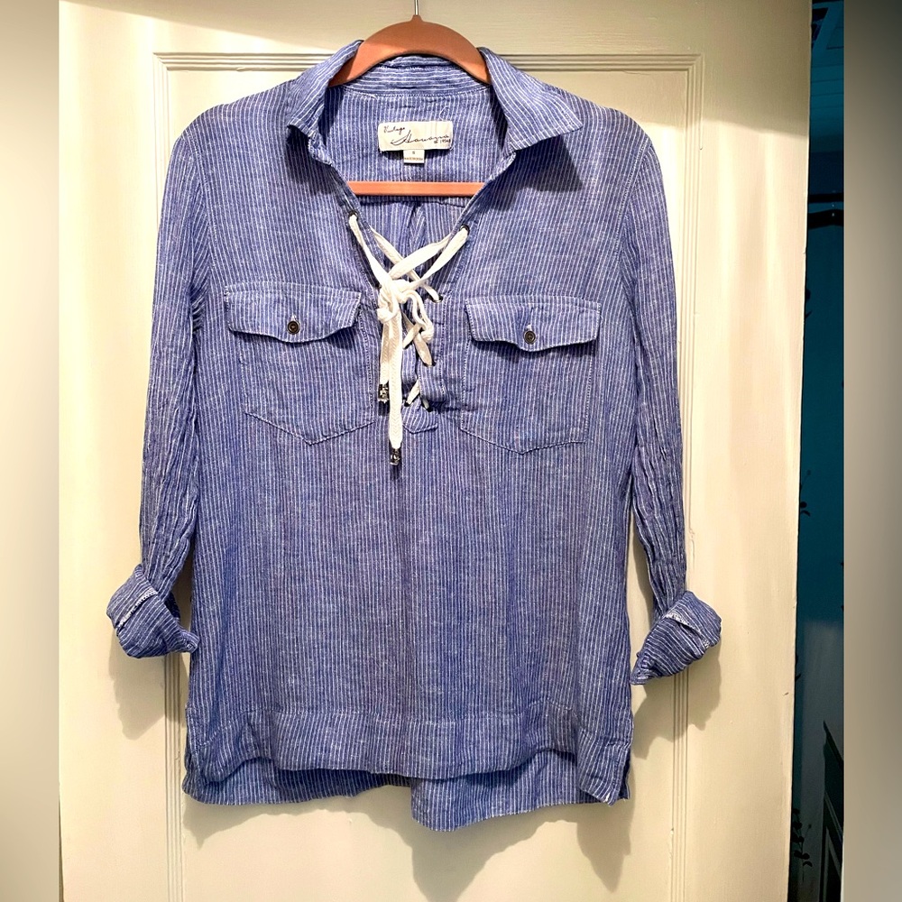 Blue and white striped linen top
